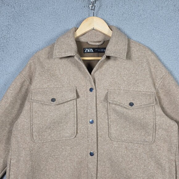 Zara Shirt Jacket Smal Beige Khaki Oversized Shacket Button Down Heavy Flannel - Picture 2 of 12